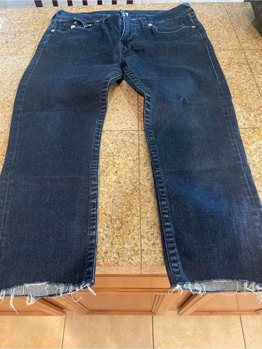 True Religion Dark Blue Cropped Straight Jeans with Raw Hem